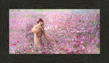 Load image into Gallery viewer, Calming Embrace painting depicts Jesus Christ holding a lost lamb in a field of pink and purple flowers - Yongsung Kim | Havenlight | Christian Artwork
