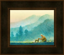 Load image into Gallery viewer, Little One is a painting that depicts Jesus Christ tending to a lost lamb amidst a large field - Yongsung Kim | Havenlight | Christian Artwork