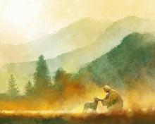 Load image into Gallery viewer, The Lost Sheep is a painting that depicts Jesus Christ saving a lost sheep in a field that has caught on fire - Yongsung Kim | Havenlight | Christian Artwork