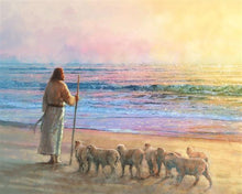 Load image into Gallery viewer, His Fold is a painting that depicts Jesus near an ocean shore with His sheep - Yongsung Kim | Havenlight | Christian Artwork