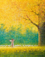 Load image into Gallery viewer, Sunshine In My Soul is a painting that depicts Jesus Christ standing under a big beautiful yellow tree while watching His flock - Yongsung Kim | Havenlight | Christian Artwork