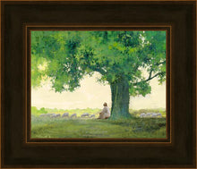 Load image into Gallery viewer, Morning Solace is a painting that depicts Jesus Christ sitting under a big green tree while watching His flock - Yongsung Kim | Havenlight | Christian Artwork