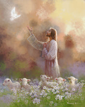 Load image into Gallery viewer, Prince of Peace is a painting that depicts Jesus Christ reaching up to touch a dove while walking with His flock - Yongsung Kim | Havenlight | Christian Artwork
