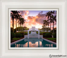 Load image into Gallery viewer, Laie Fountain Sunset Open Edition Canvas / 8 X 10 White Frame Art