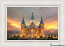Load image into Gallery viewer, Provo City Center Temple Burning Sky Open Edition Canvas / 14 X 21 White Frame Art