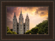 Load image into Gallery viewer, Salt Lake Temple Through The Clouds Open Edition Canvas / 12 X 18 Brown Frame Art
