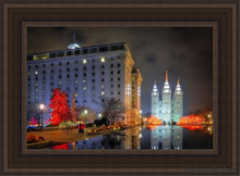 Load image into Gallery viewer, Temple Square Reflecting Pool Open Edition Canvas / 14 X 21 Brown Frame Art
