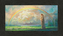 Load image into Gallery viewer, After the Storm is a painting that depicts Jesus Christ looking at a rainbow while holding a little lamb - Yongsung Kim | Havenlight | Christian Artwork
