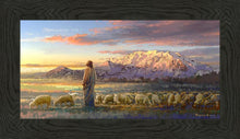 Load image into Gallery viewer, All His Majesty is a painting that depicts Jesus Christ with His flock of sheep near the mountains - Yongsung Kim | Havenlight | Christian Artwork
