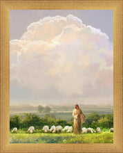 Load image into Gallery viewer, I Shall Not Want is a painting that depicts Jesus with His flock in beautiful field on a cloudy day - Yongsung Kim | Havenlight | Christian Artwork
