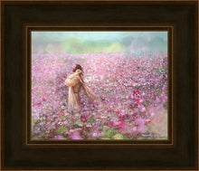 Load image into Gallery viewer, Calming Embrace painting depicts Jesus Christ holding a lost lamb in a field of pink and purple flowers - Yongsung Kim | Havenlight | Christian Artwork
