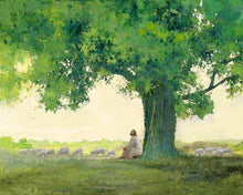 Load image into Gallery viewer, Morning Solace is a painting that depicts Jesus Christ sitting under a big green tree while watching His flock - Yongsung Kim | Havenlight | Christian Artwork
