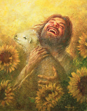 Load image into Gallery viewer, Seeds of Joy is a painting that depicts Jesus Christ holding a lamb amidst a field of sun flowers - Yongsung Kim | Havenlight | Christian Artwork
