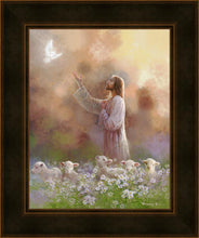 Load image into Gallery viewer, Prince of Peace is a painting that depicts Jesus Christ reaching up to touch a dove while walking with His flock - Yongsung Kim | Havenlight | Christian Artwork

