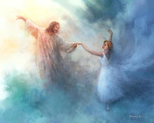 Load image into Gallery viewer, A Pas de Deux is a painting that depicts Jesus Christ dancing in the clouds with a ballerina - Yongsung Kim | Havenlight | Christian Artwork
