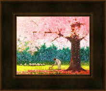 Load image into Gallery viewer, In Green Pastures is a painting that depicts Jesus Christ tending to a lamb under a beautiufl pink tree - Yongsung Kim | Havenlight | Christian Artwork
