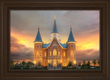Load image into Gallery viewer, Provo City Center Temple Burning Sky Open Edition Canvas / 20 X 30 Brown Frame Art
