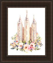 Load image into Gallery viewer, Salt Lake City Temple Floral Watercolor Open Edition Canvas / 11 X 14 Brown Frame Art
