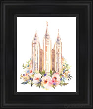 Load image into Gallery viewer, Salt Lake City Temple Floral Watercolor Open Edition Canvas / 8 X 10 Black Frame Art
