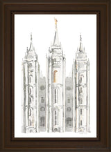 Load image into Gallery viewer, Salt Lake City Temple Watercolor In Gray Open Edition Canvas / 20 X 30 Brown Frame Art
