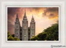 Load image into Gallery viewer, Salt Lake Temple Through The Clouds Open Edition Canvas / 14 X 21 White Frame Art
