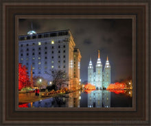 Load image into Gallery viewer, Temple Square Reflecting Pool Open Edition Canvas / 11 X 14 Brown Frame Art
