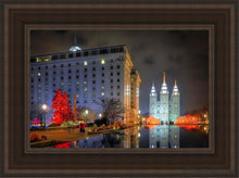 Load image into Gallery viewer, Temple Square Reflecting Pool Open Edition Canvas / 12 X 18 Brown Frame Art

