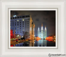 Load image into Gallery viewer, Temple Square Reflecting Pool Open Edition Canvas / 8 X 10 White Frame Art
